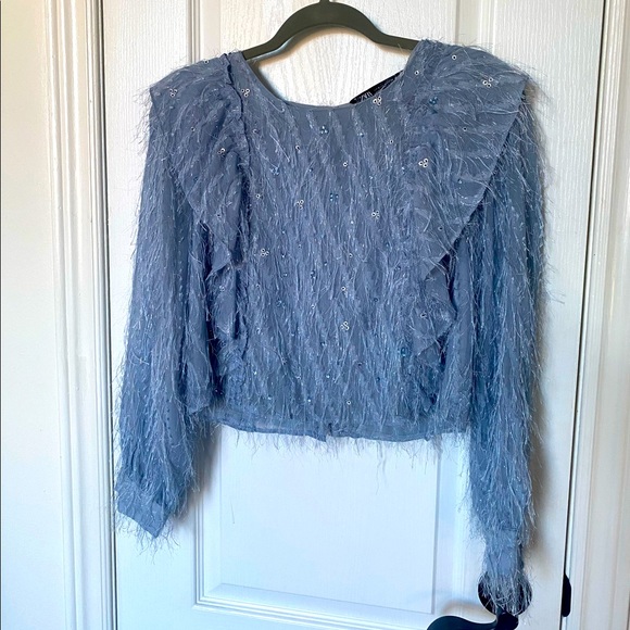 Blue textured blouse with button back detailing - Picture 2 of 7